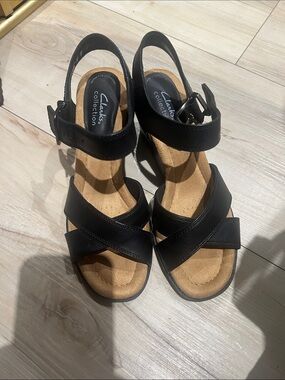 Clarks Black Leather Wedge Sandals with Slingback Strap